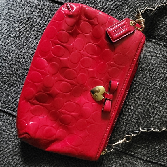 Coach Red Patent Leather Heart Charm Wristlet - Picture 9 of 14